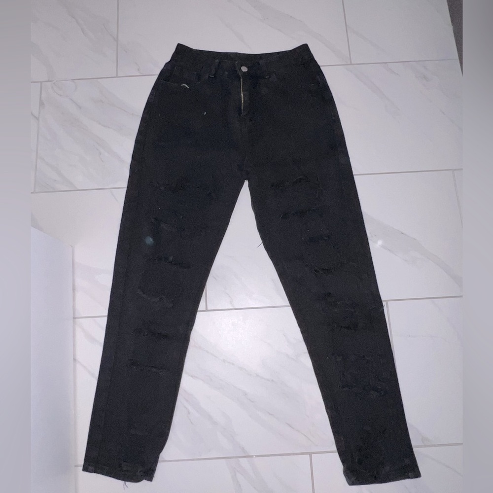 High waisted ladder distressed jeans